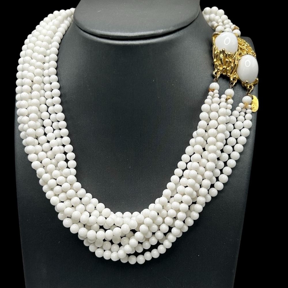 Vintage Les Bernard Multi Strand Milk Glass Bead Necklace